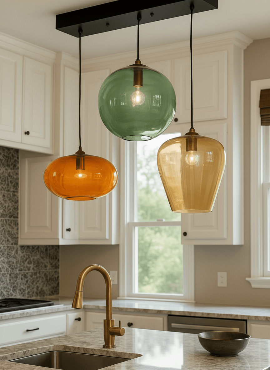 Set of three blown glass light pendants for kitchen decor | Les Trois Pyramides.
