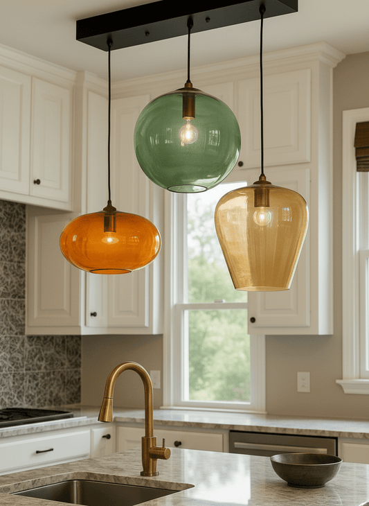 Set of three blown glass light pendants for kitchen decor | Les Trois Pyramides.
