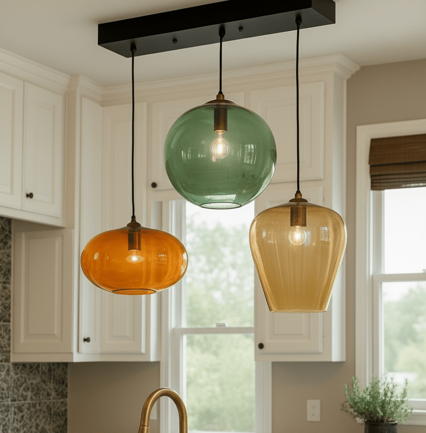 Set of three blown glass light pendants for kitchen decor | Les Trois Pyramides.
