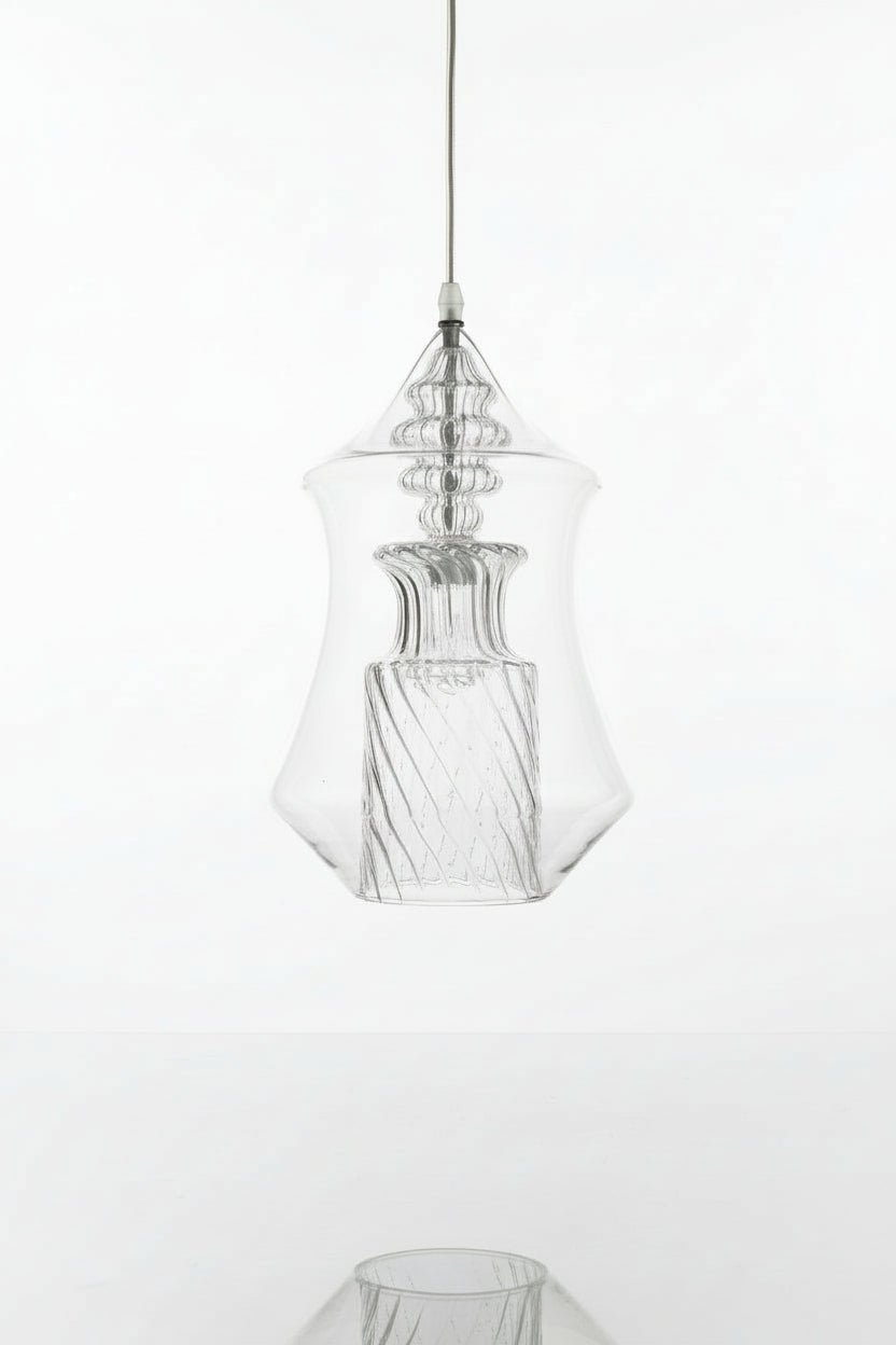Hand-Blown Clear Glass Pendant – Modern Decorative Ceiling Light – Les Trois Pyramides.
