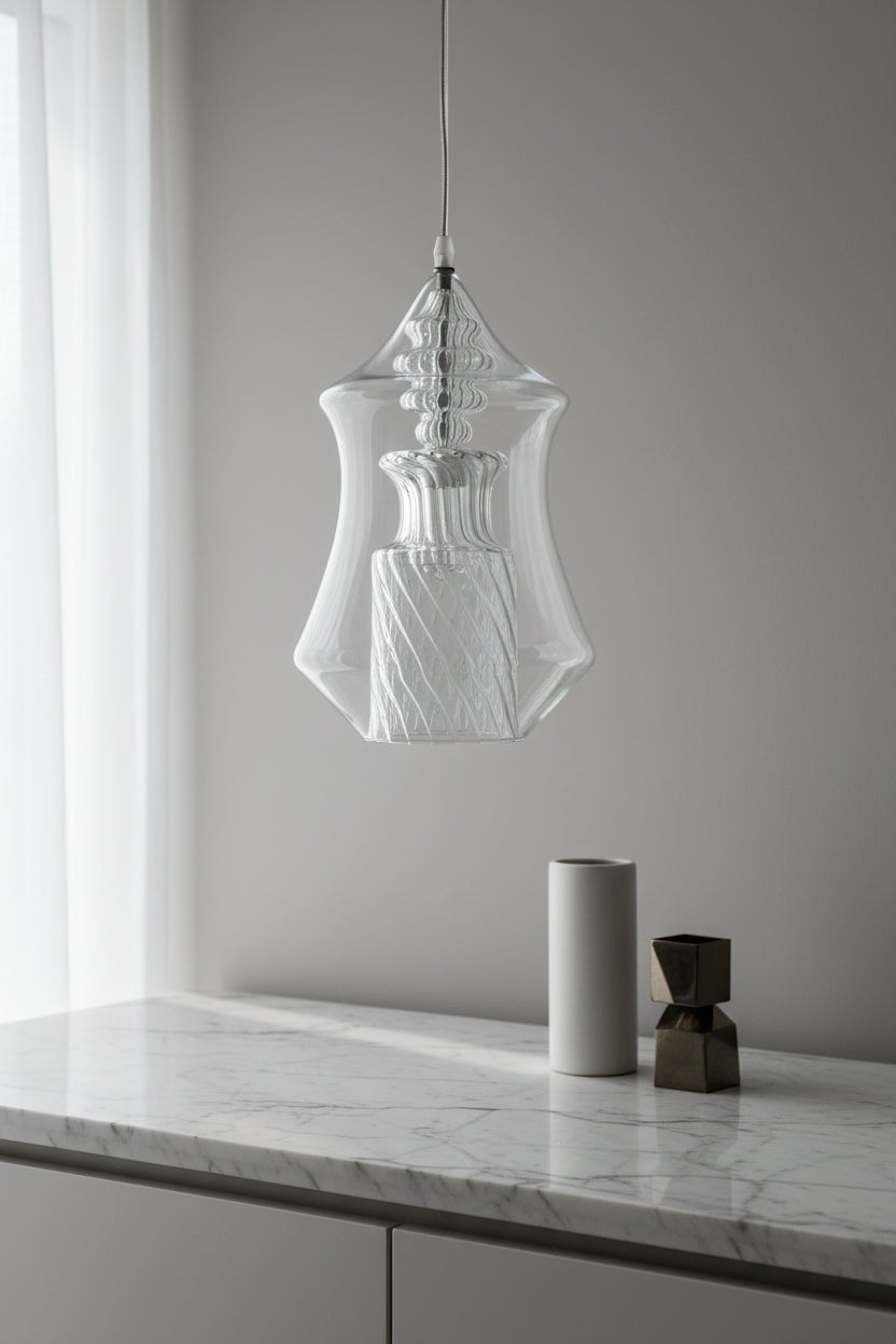 Hand-Blown Clear Glass Pendant – Modern Decorative Ceiling Light  –
Les Trois Pyramides.