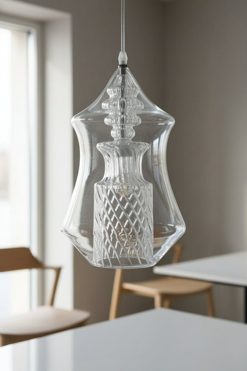 Hand-Blown Clear Glass Pendant – Modern Decorative Ceiling Light  –  Les Trois Pyramides.
 