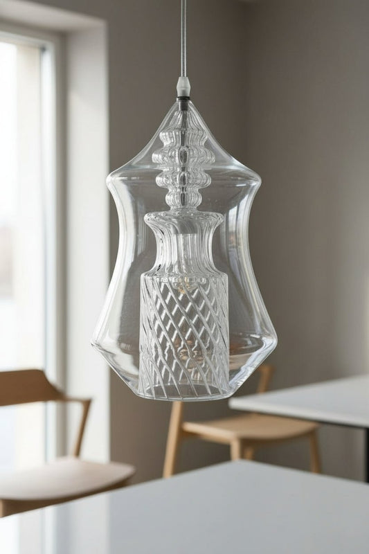 Hand-Blown Clear Glass Pendant – Modern Decorative Ceiling Light  –  Les Trois Pyramides.
 