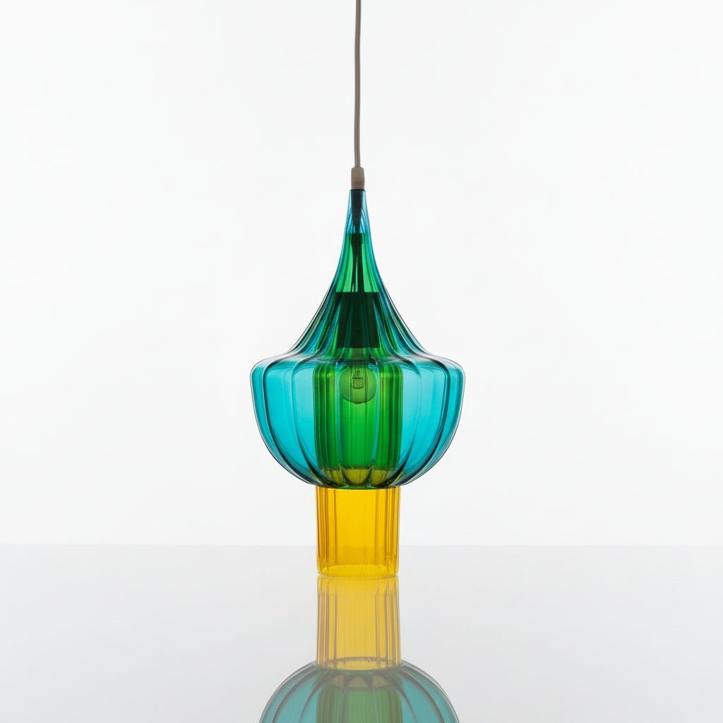 Hand-Blown Color Layered Glass Pendant Light – Aqua Green & Yellow Modern Hanging Lamp – Les Trois Pyramides.