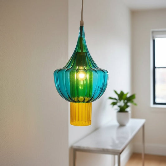 Hand-Blown Color Layered Glass Pendant Light – Aqua Green & Yellow Modern Hanging Lamp – Les Trois Pyramides.
