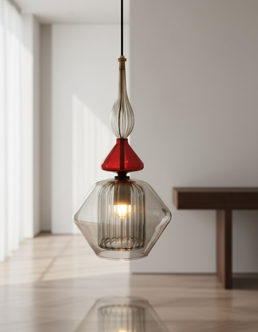 Blown Glass Pendant Light in red and smokey grey - Les Trois Pyramides