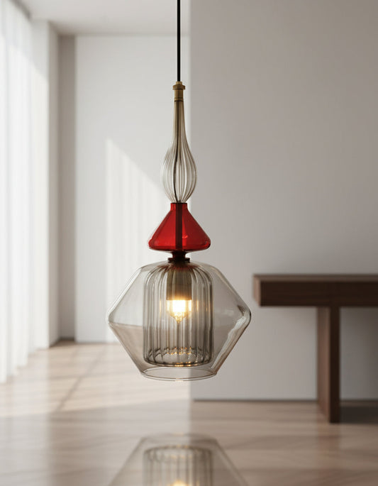 Blown Glass Pendant Light in red and smokey grey - Les Trois Pyramides