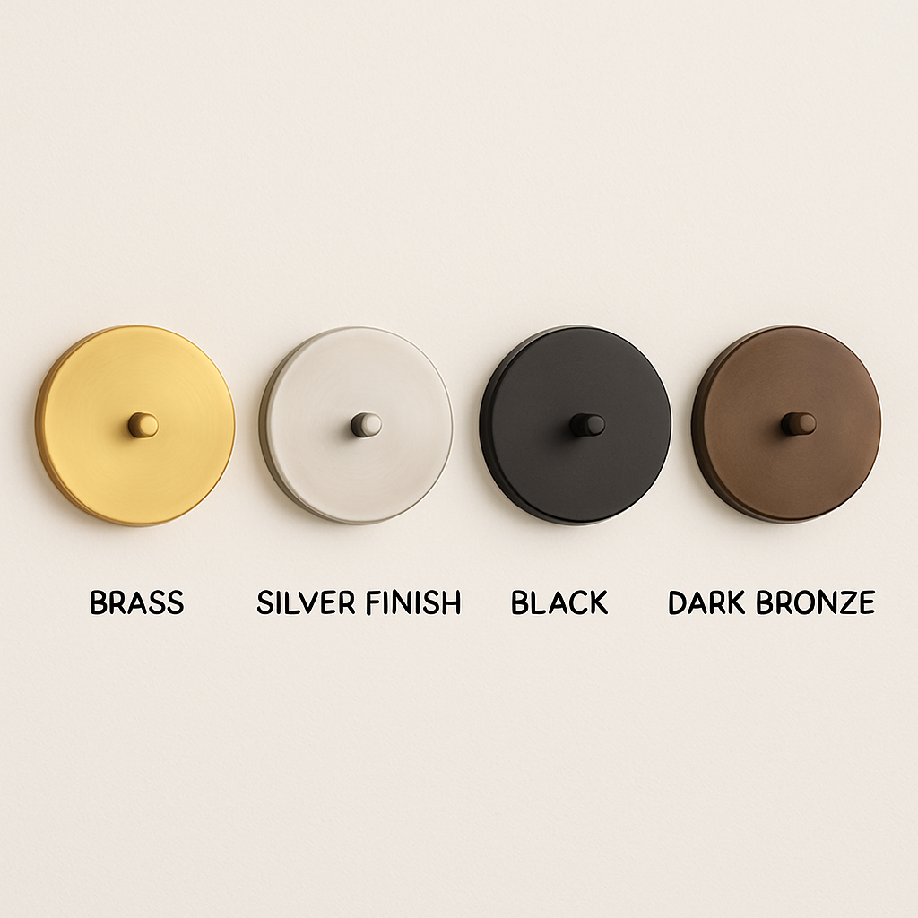 Brass, silver, black, and dark bronze metal finish options for wall light