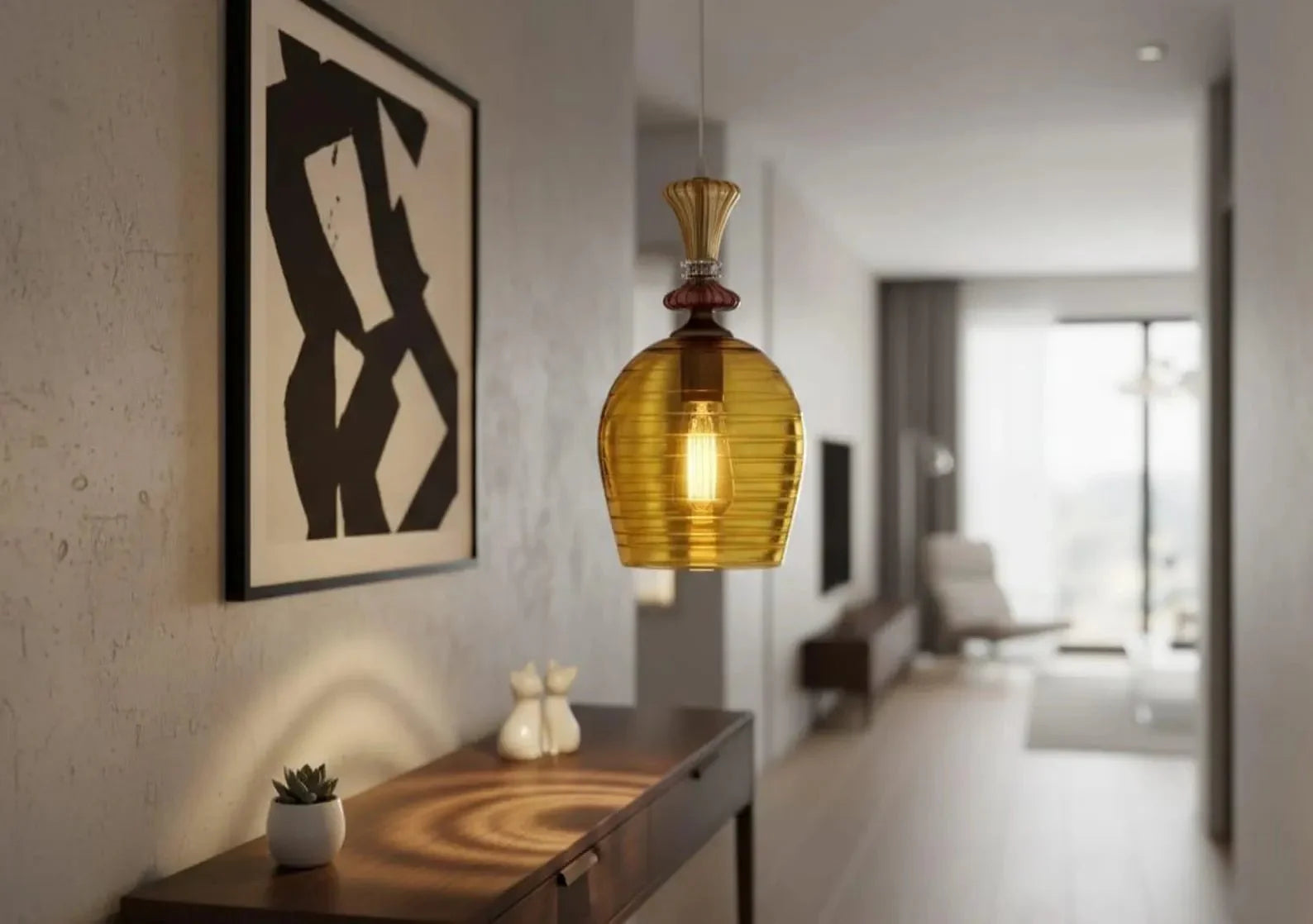 Hand Blown Amber Engraved Glass Pendant Light – Elongated Hanging Lamp | Les Trois Pyramides
