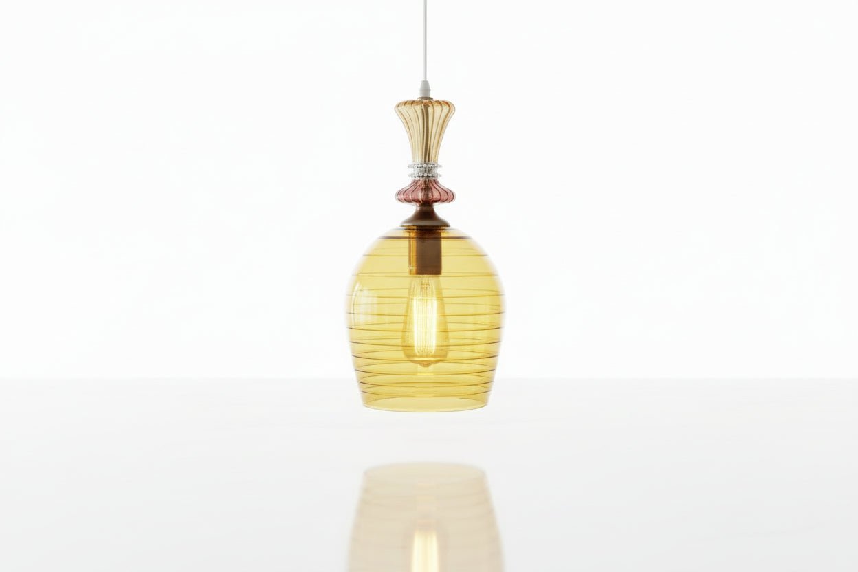 Hand Blown Amber Engraved Glass Pendant Light – Elongated Hanging Lamp | Les Trois Pyramides