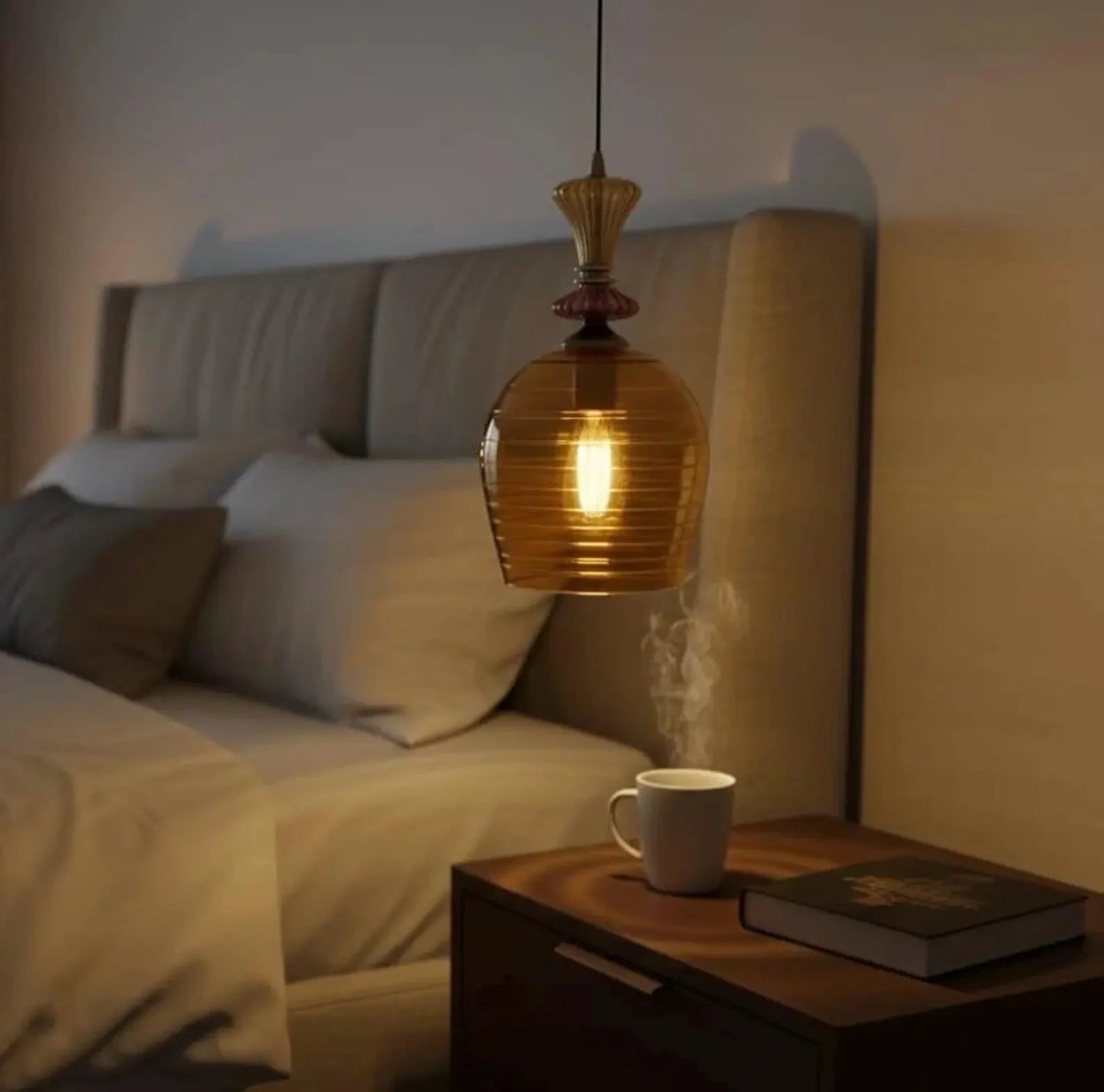 Hand Blown Amber Engraved Glass Pendant Light – Elongated Hanging Lamp | Les Trois Pyramides