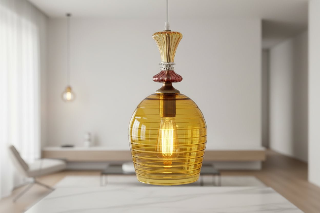 Hand Blown Amber Engraved Glass Pendant Light – Elongated Hanging Lamp | Les Trois Pyramides