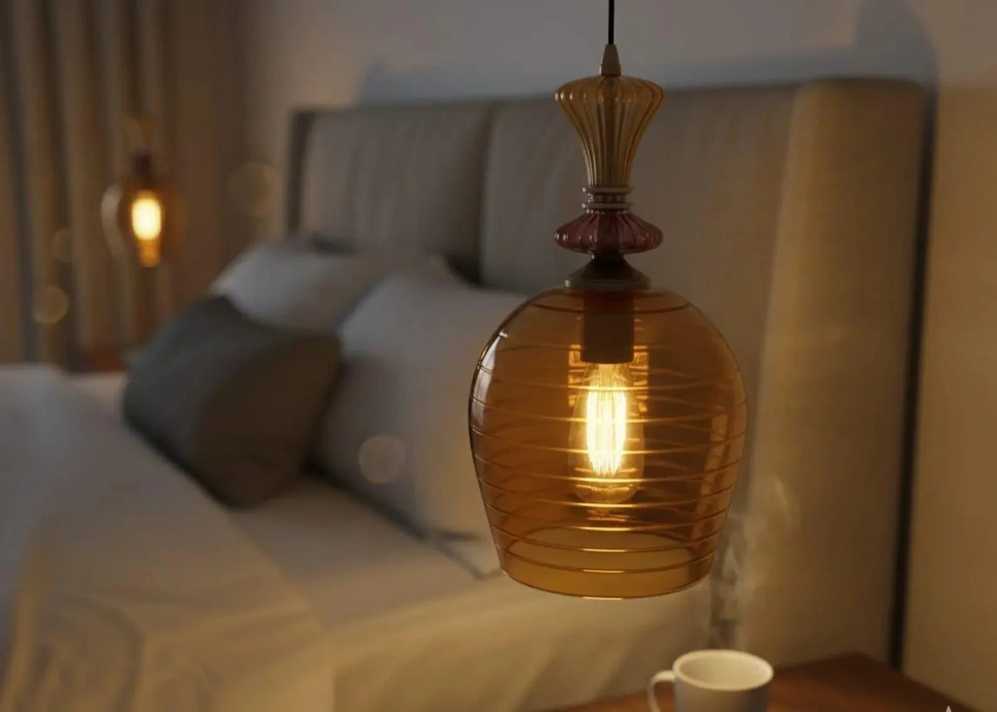Hand Blown Amber Engraved Glass Pendant Light – Elongated Hanging Lamp | Les Trois Pyramides