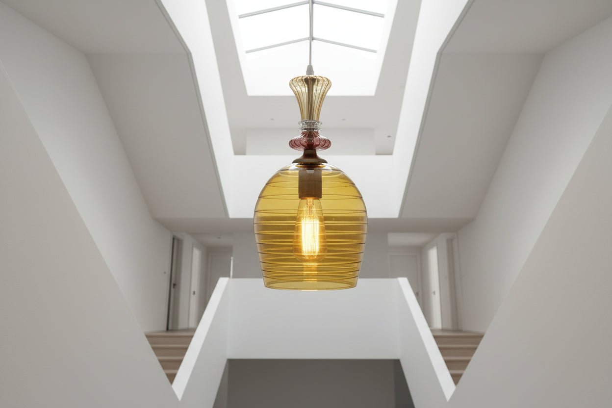 Hand Blown Amber Engraved Glass Pendant Light – Elongated Hanging Lamp | Les Trois Pyramides