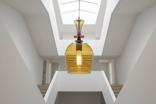 Hand Blown Amber Engraved Glass Pendant Light – Elongated Hanging Lamp | Les Trois Pyramides