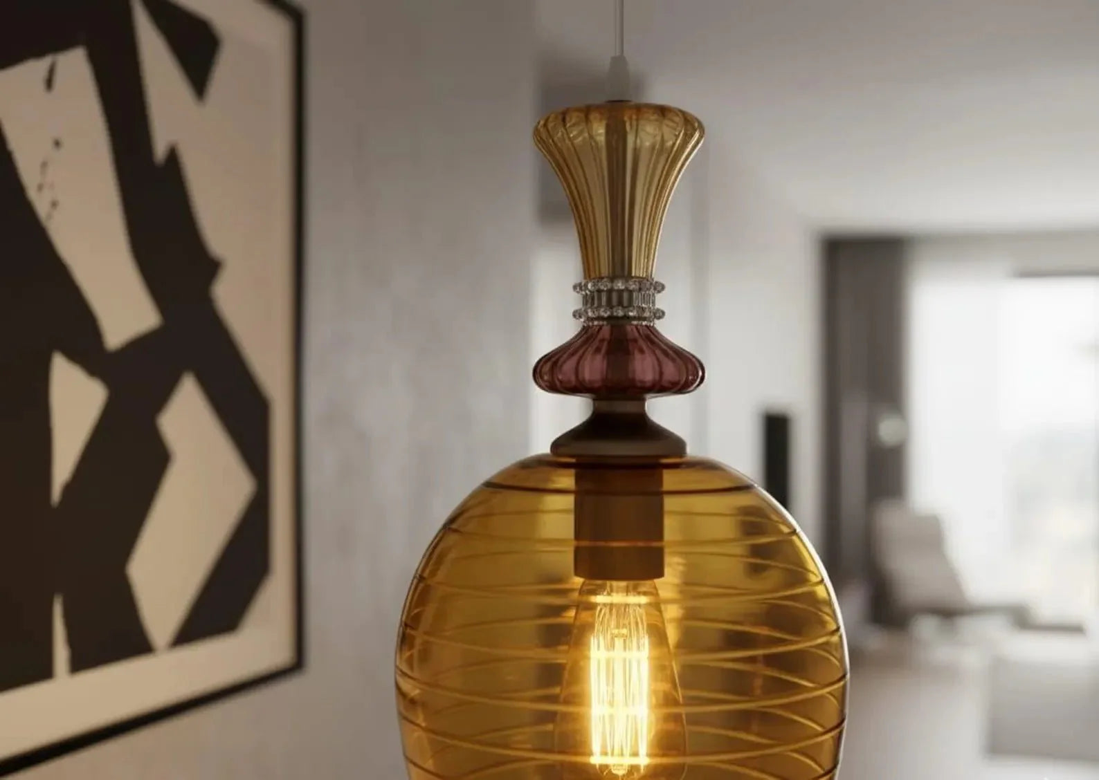 Hand Blown Amber Engraved Glass Pendant Light – Elongated Hanging Lamp | Les Trois Pyramides