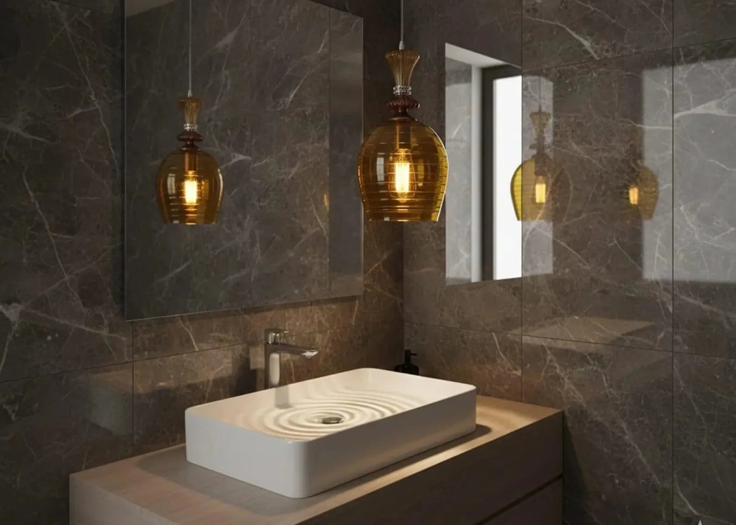 Hand Blown Amber Engraved Glass Pendant Light – Elongated Hanging Lamp | Les Trois Pyramides