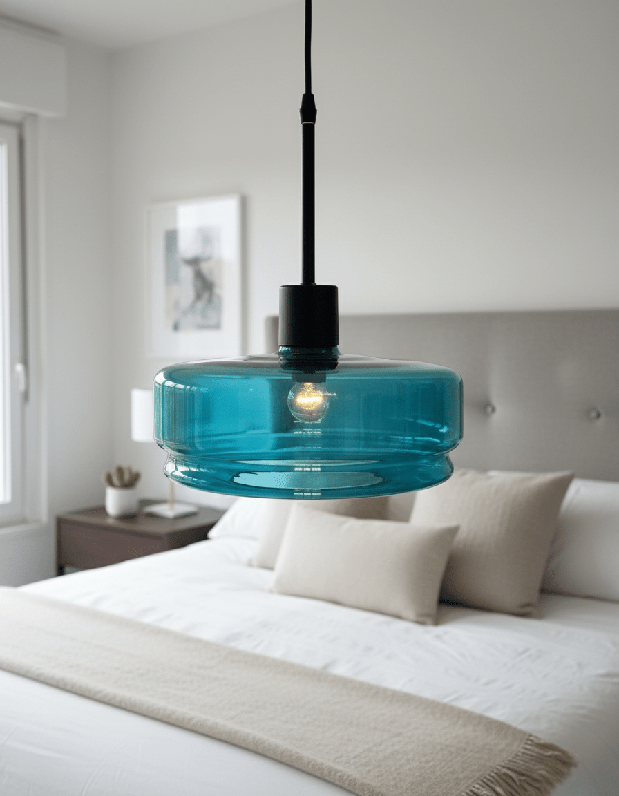 Teal Glass Pendant Light – Artisan Blown Glass Hanging Fixture  – Les Trois Pyramides.