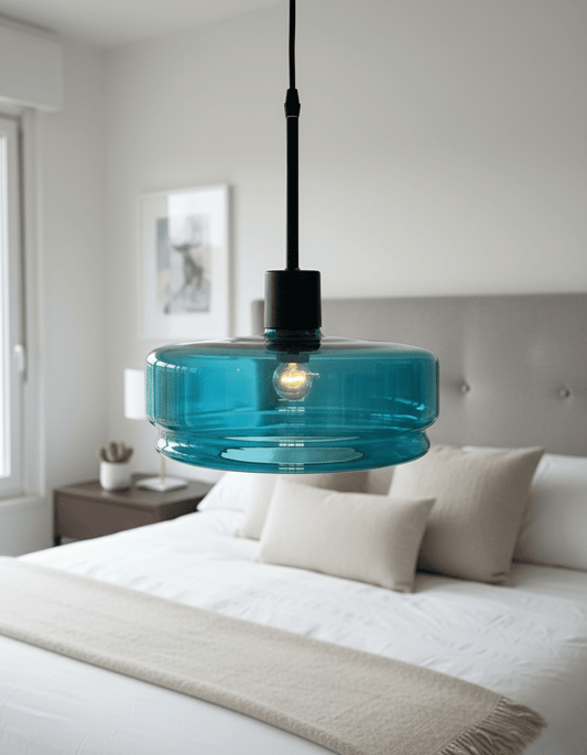 Teal Glass Pendant Light – Artisan Blown Glass Hanging Fixture  – Les Trois Pyramides.