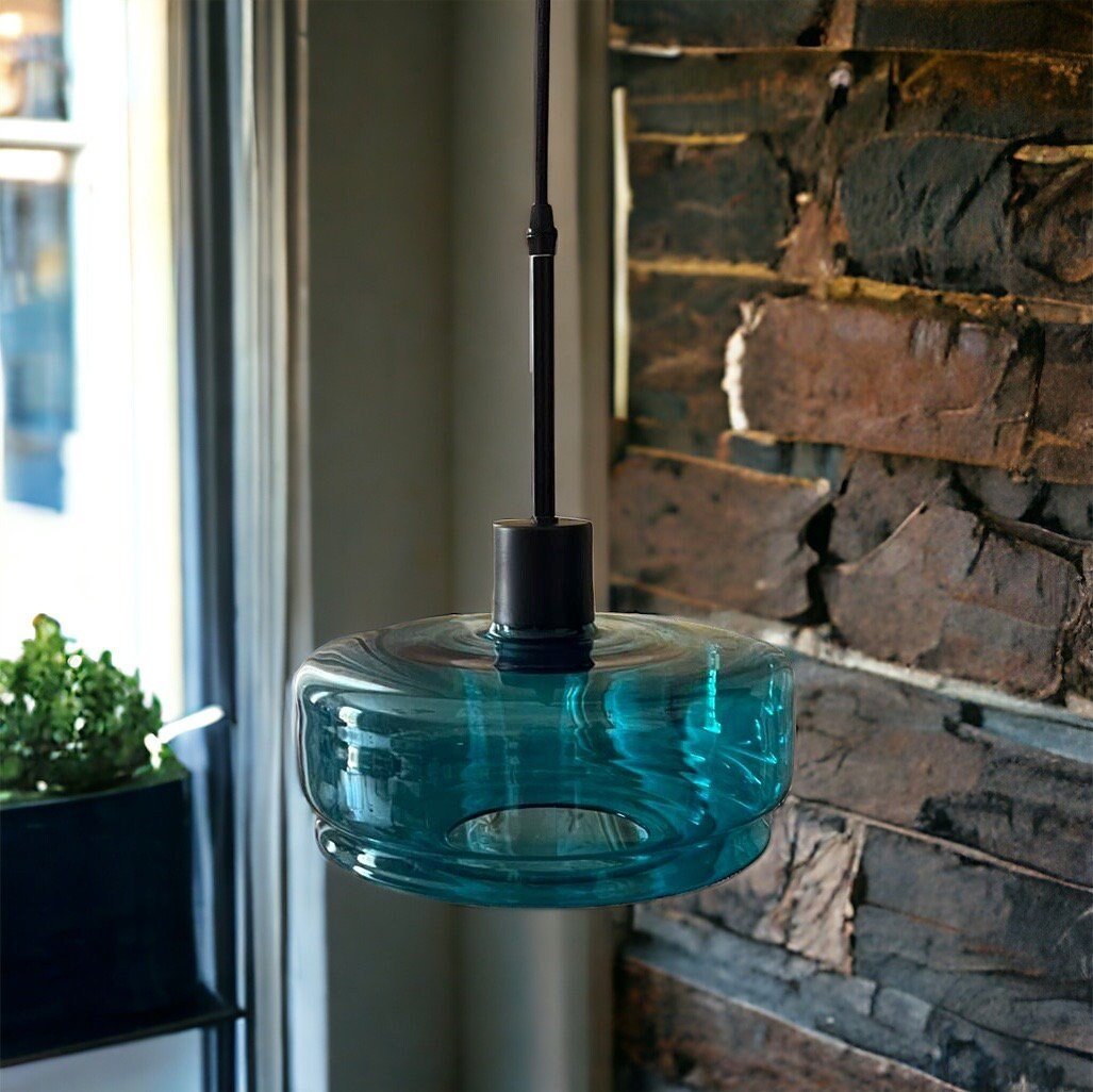 Teal Glass Pendant Light – Artisan Blown Glass Hanging Fixture  – Les Trois Pyramides.