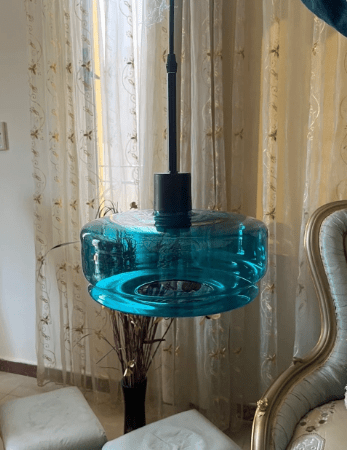 Teal Glass Pendant Light – Artisan Blown Glass Hanging Fixture  – Les Trois Pyramides.