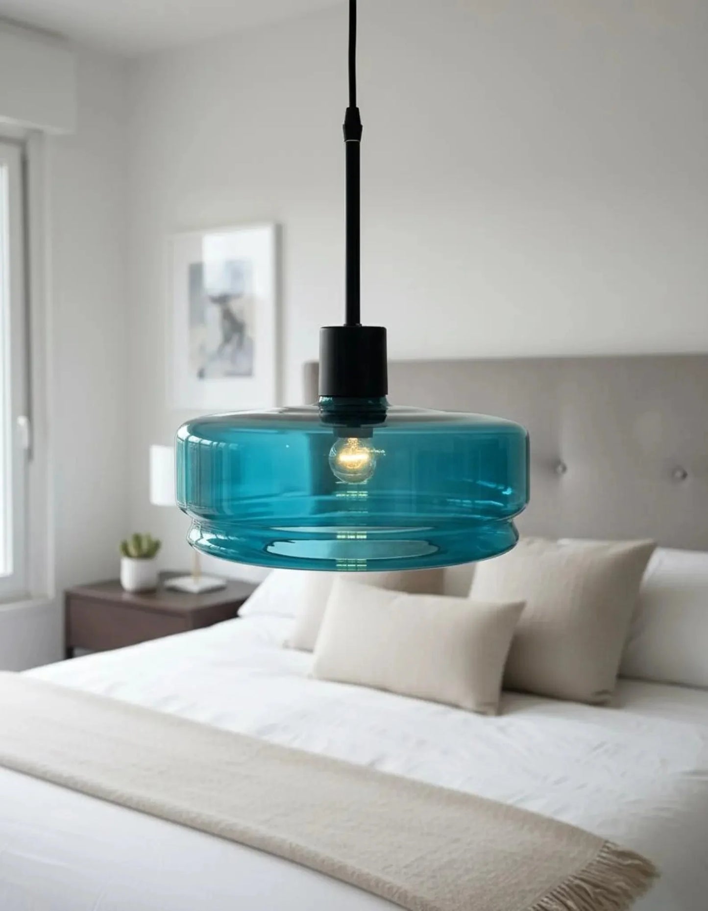 Teal Glass Pendant Light – Artisan Blown Glass Hanging Fixture  – Les Trois Pyramides.