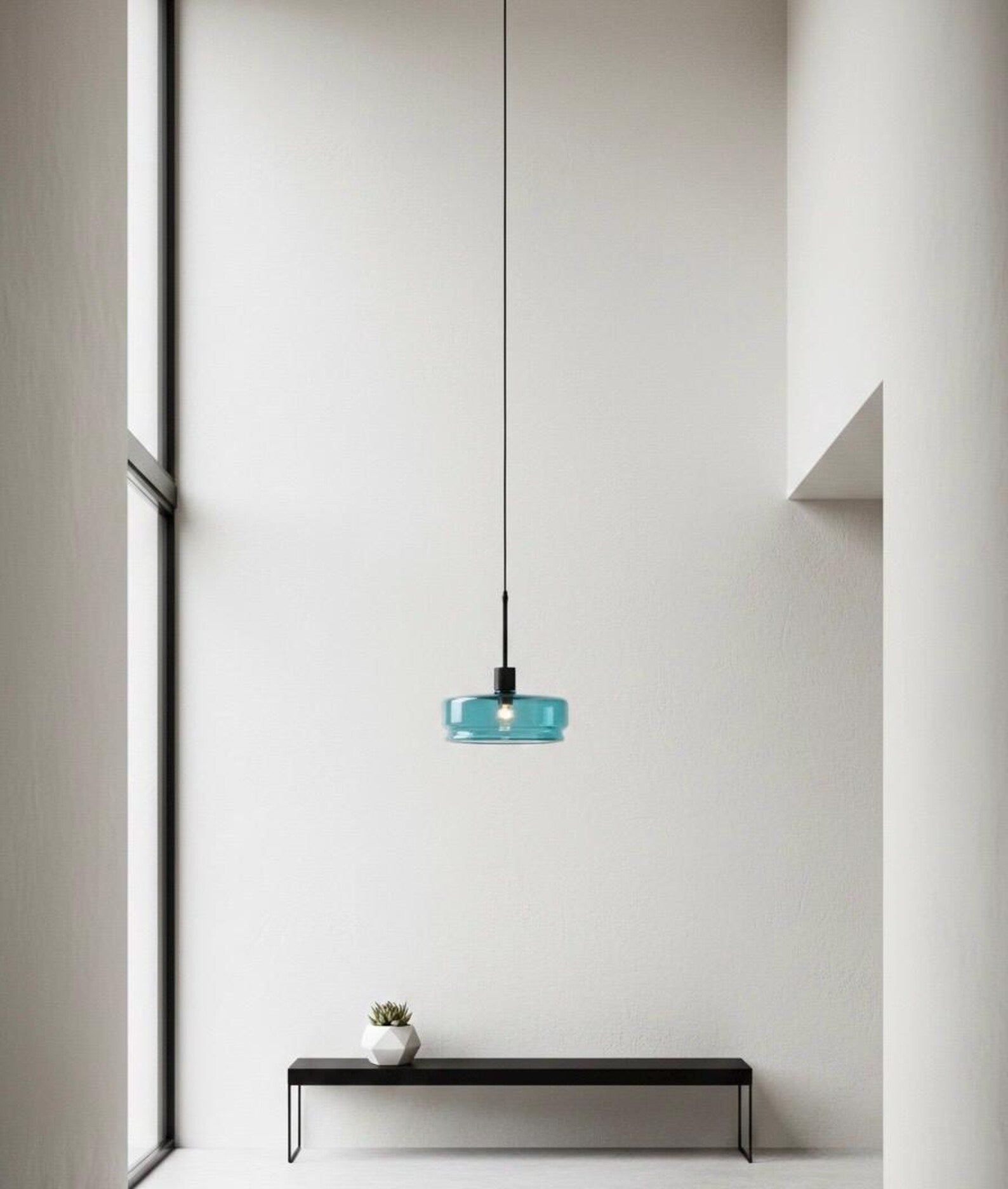 Teal Glass Pendant Light – Artisan Blown Glass Hanging Fixture  – Les Trois Pyramides.