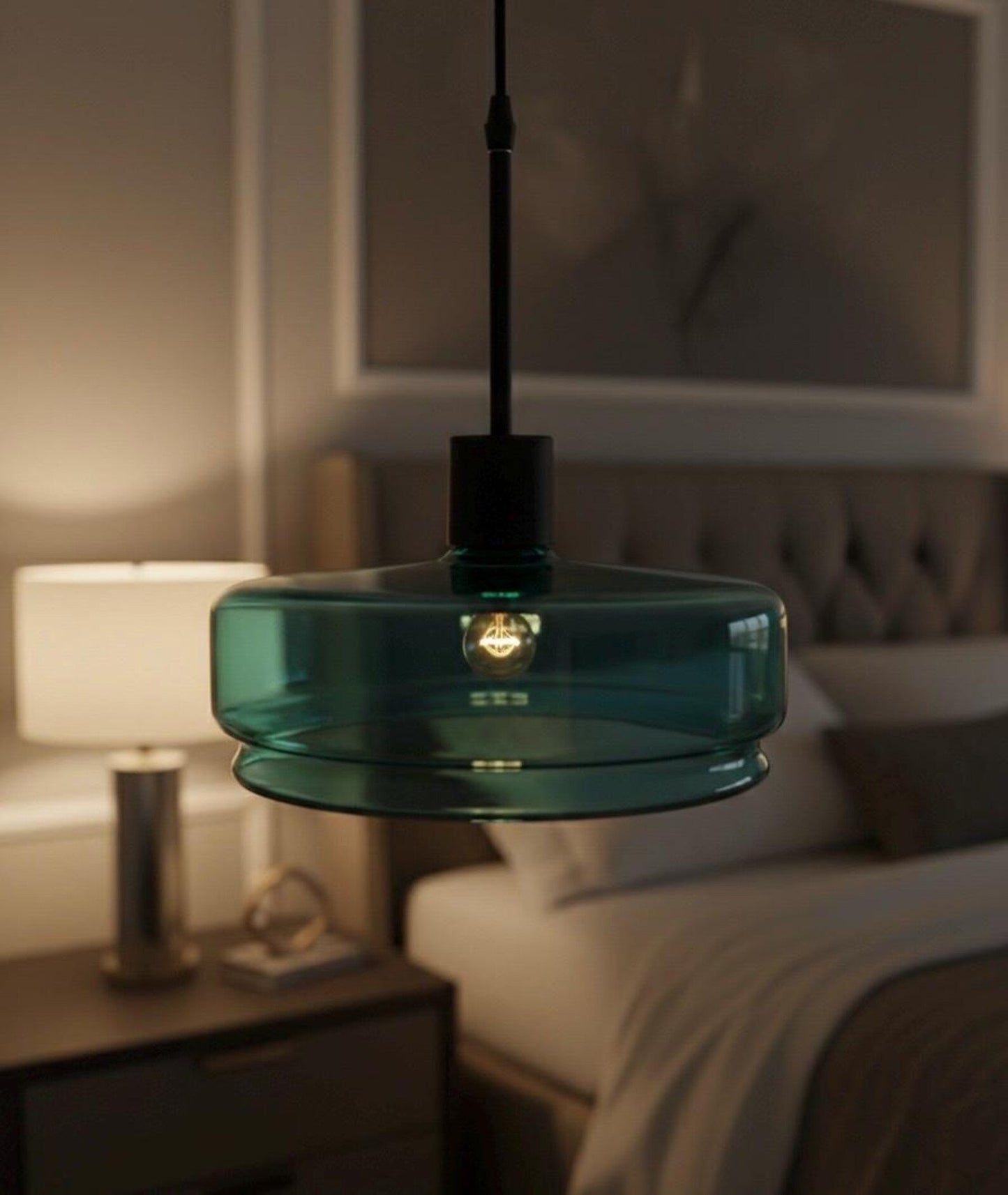 Teal Glass Pendant Light – Artisan Blown Glass Hanging Fixture  – Les Trois Pyramides.