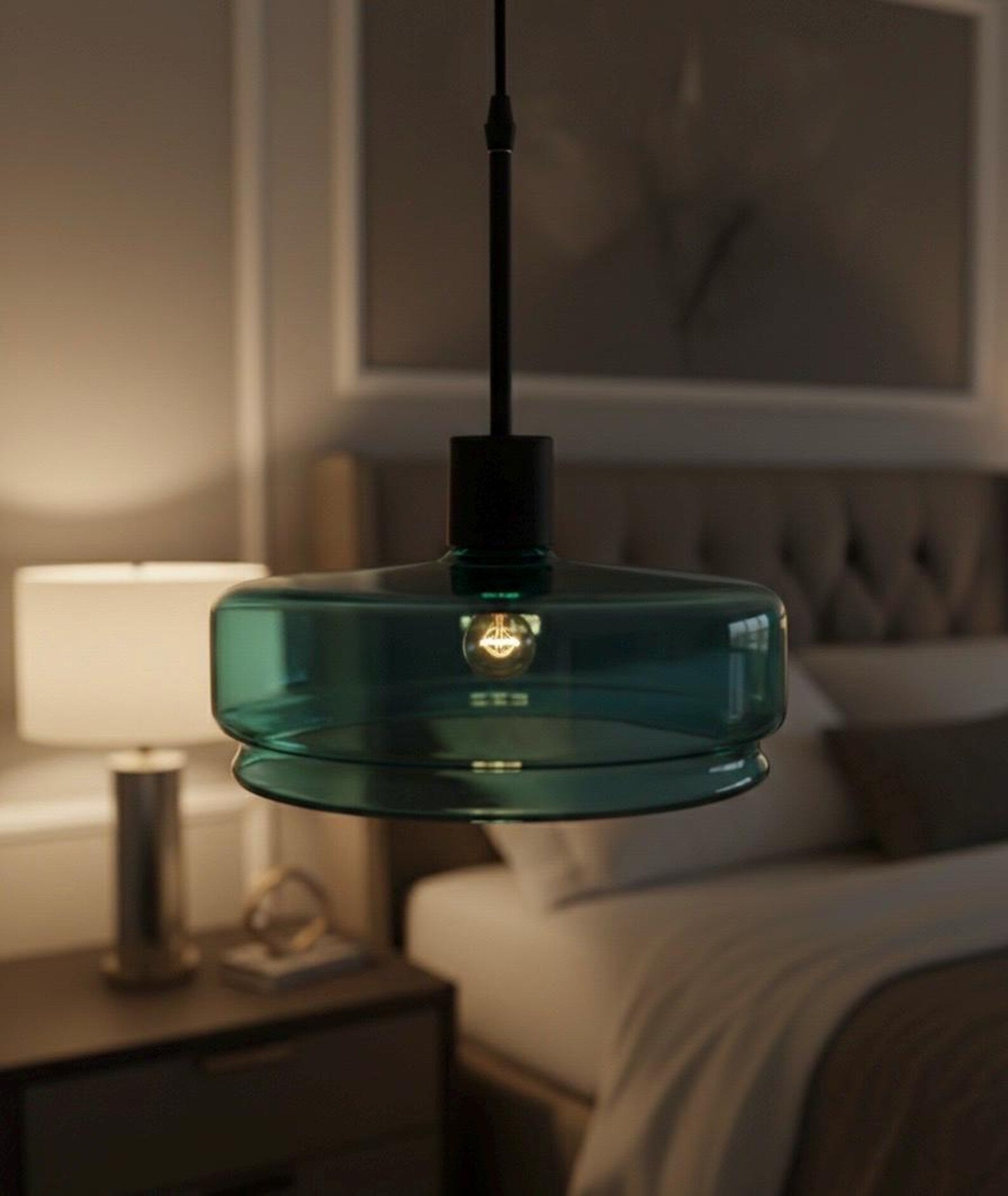 Teal Glass Pendant Light – Artisan Blown Glass Hanging Fixture  – Les Trois Pyramides.