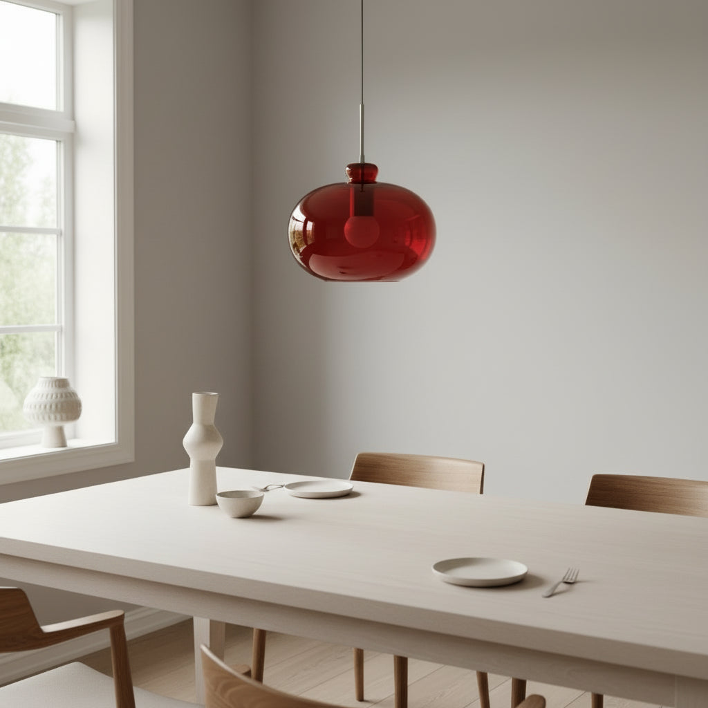 Red Hand Blown Glass Pendant in living room - Les Trois Pyramides