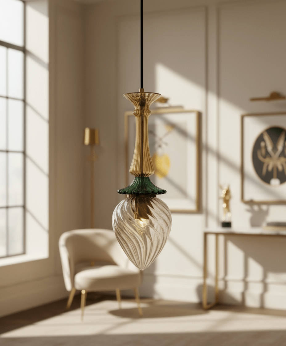 Hand-Blown Glass Pendant Light | Gold and Green Drop Design | Les Trois Pyramides