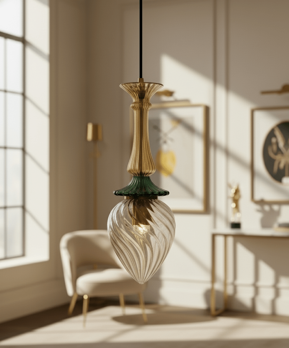 Hand-Blown Glass Pendant Light | Gold and Green Drop Design | Les Trois Pyramides