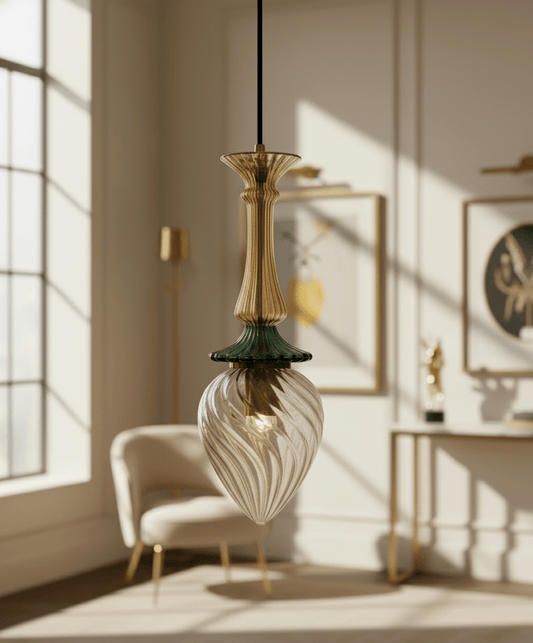Hand-Blown Glass Pendant Light | Gold and Green Drop Design | Les Trois Pyramides