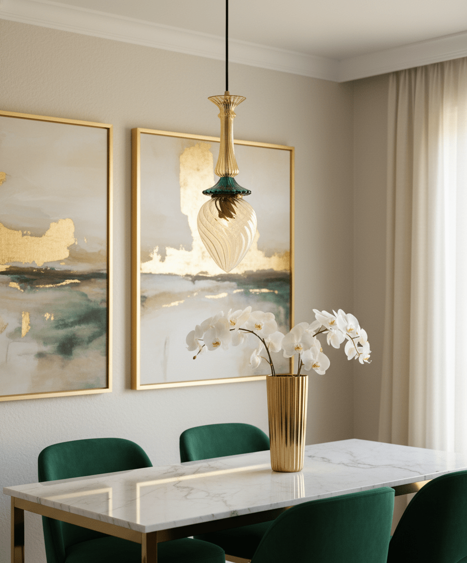 Hand-Blown Glass Pendant Light | Gold and Green Drop Design | Les Trois Pyramides