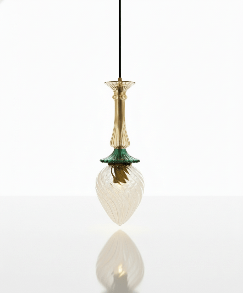 Hand-Blown Glass Pendant Light | Gold and Green Drop Design | Les Trois Pyramides