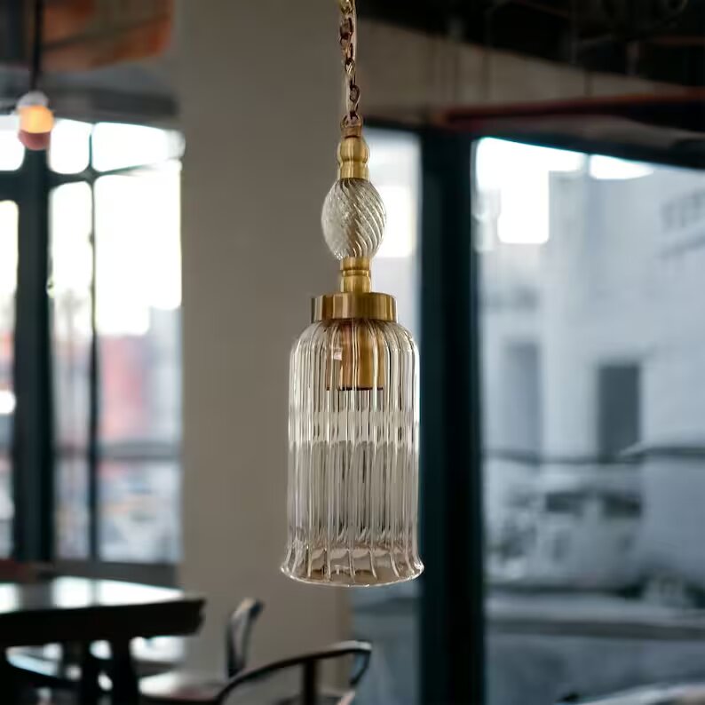 Hand Blown Glass Pendant Light - Kitchen Island Ceiling Light - Blown Glass Pendant Light - Pendant Light for Kitchen Island - Ribbed Glass - Les Trois Pyramides