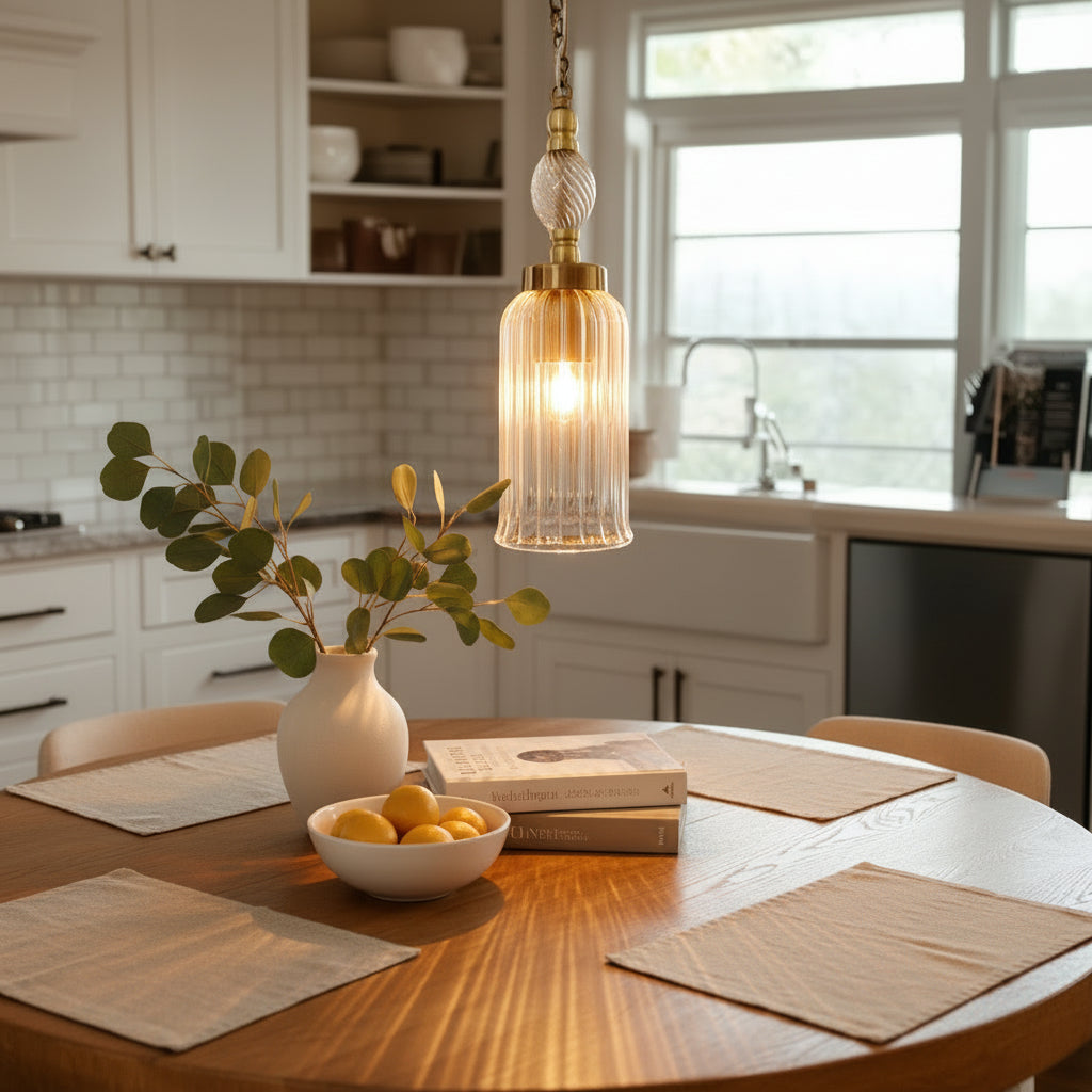 Hand Blown Glass Pendant Light - Kitchen Island Ceiling Light - Blown Glass Pendant Light - Pendant Light for Kitchen Island - Ribbed Glass - Les Trois Pyramides