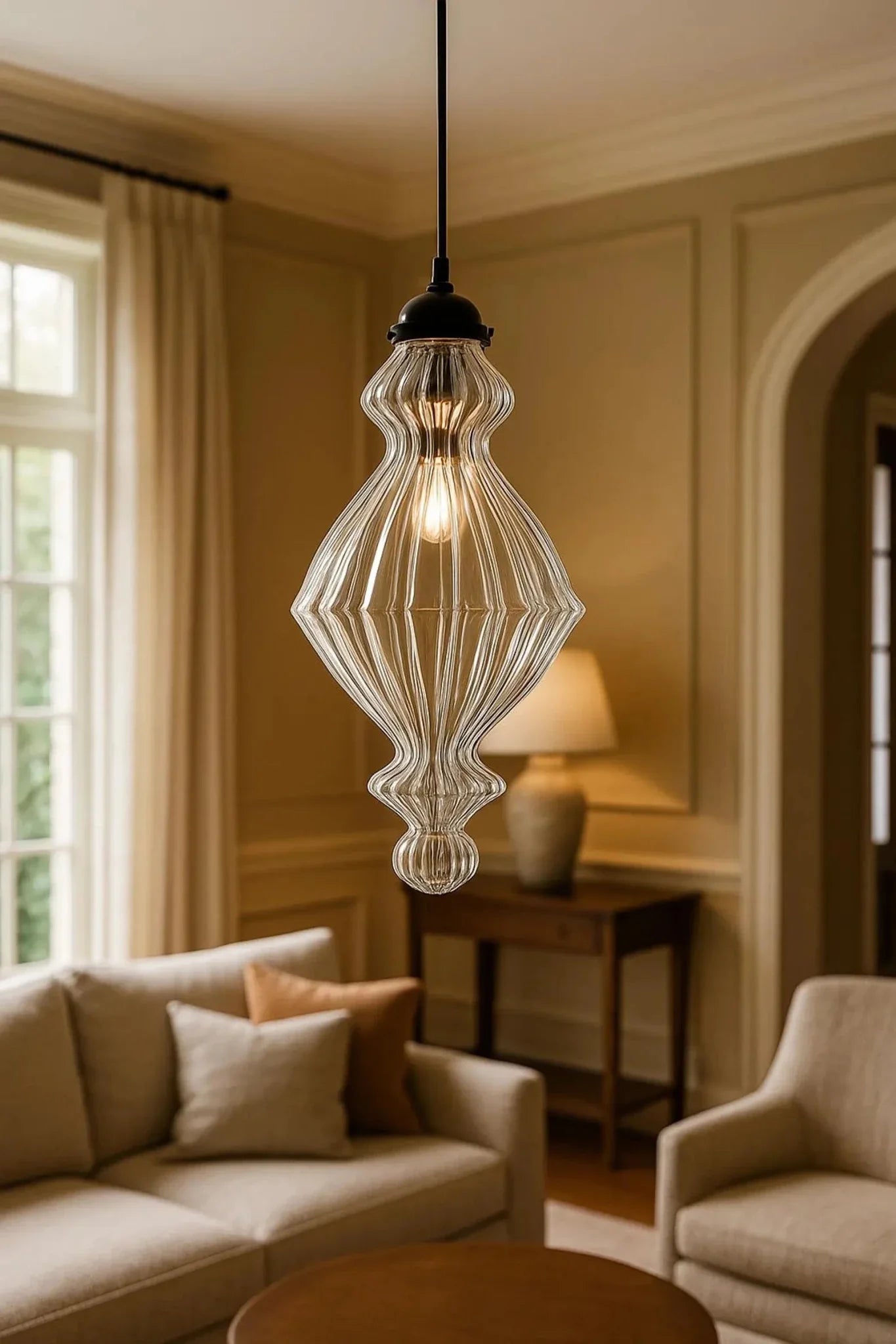 Hand-Blown Ribbed Glass Pendant Light – Unique Lighting Fixture for Modern Interiors | Les Trois Pyramides
