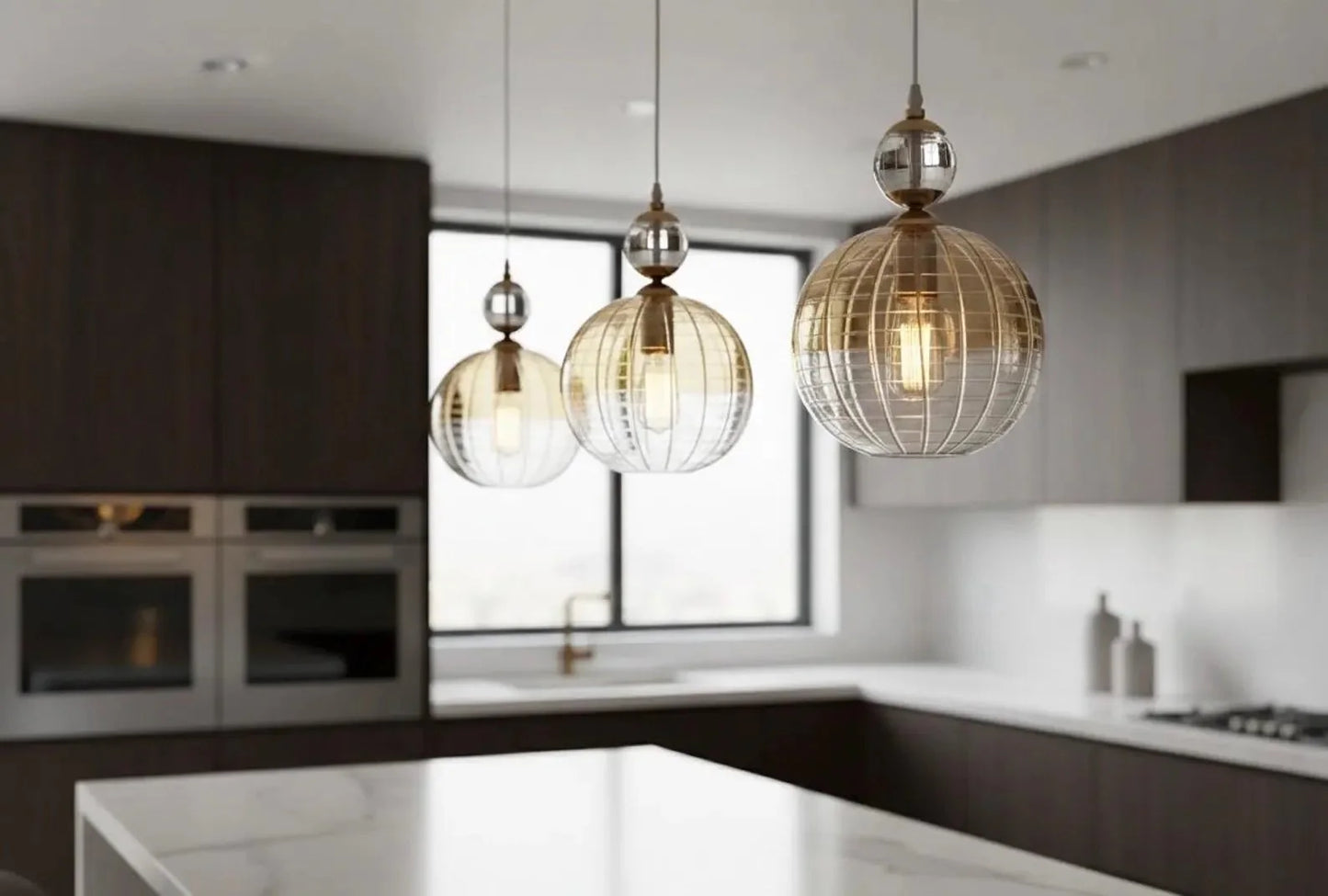 Soft Gold Engraved Glass Pendant Light – Handmade Hanging Lamp | Les Trois Pyramides