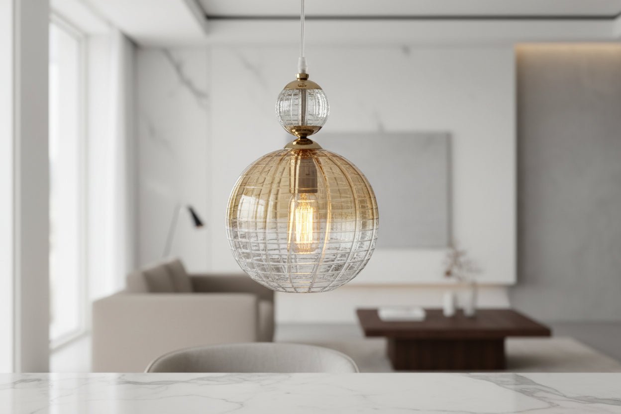 Soft Gold Engraved Glass Pendant Light – Handmade Hanging Lamp