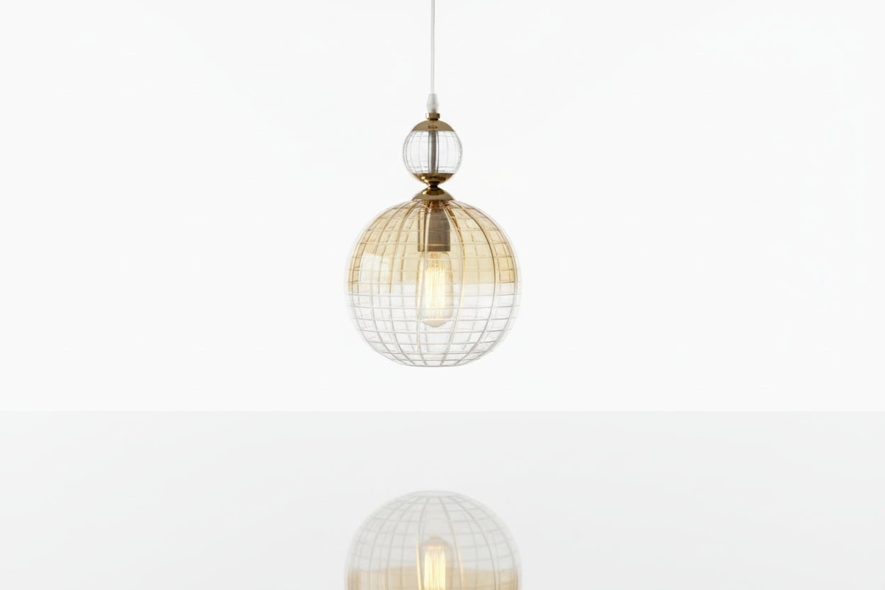 Soft Gold Engraved Glass Pendant Light – Handmade Hanging Lamp | Les Trois Pyramides