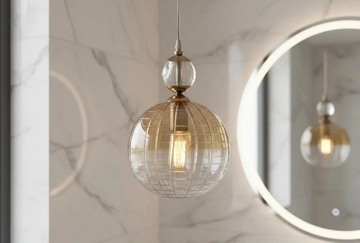 Soft Gold Engraved Glass Pendant Light – Handmade Hanging Lamp | Les Trois Pyramides