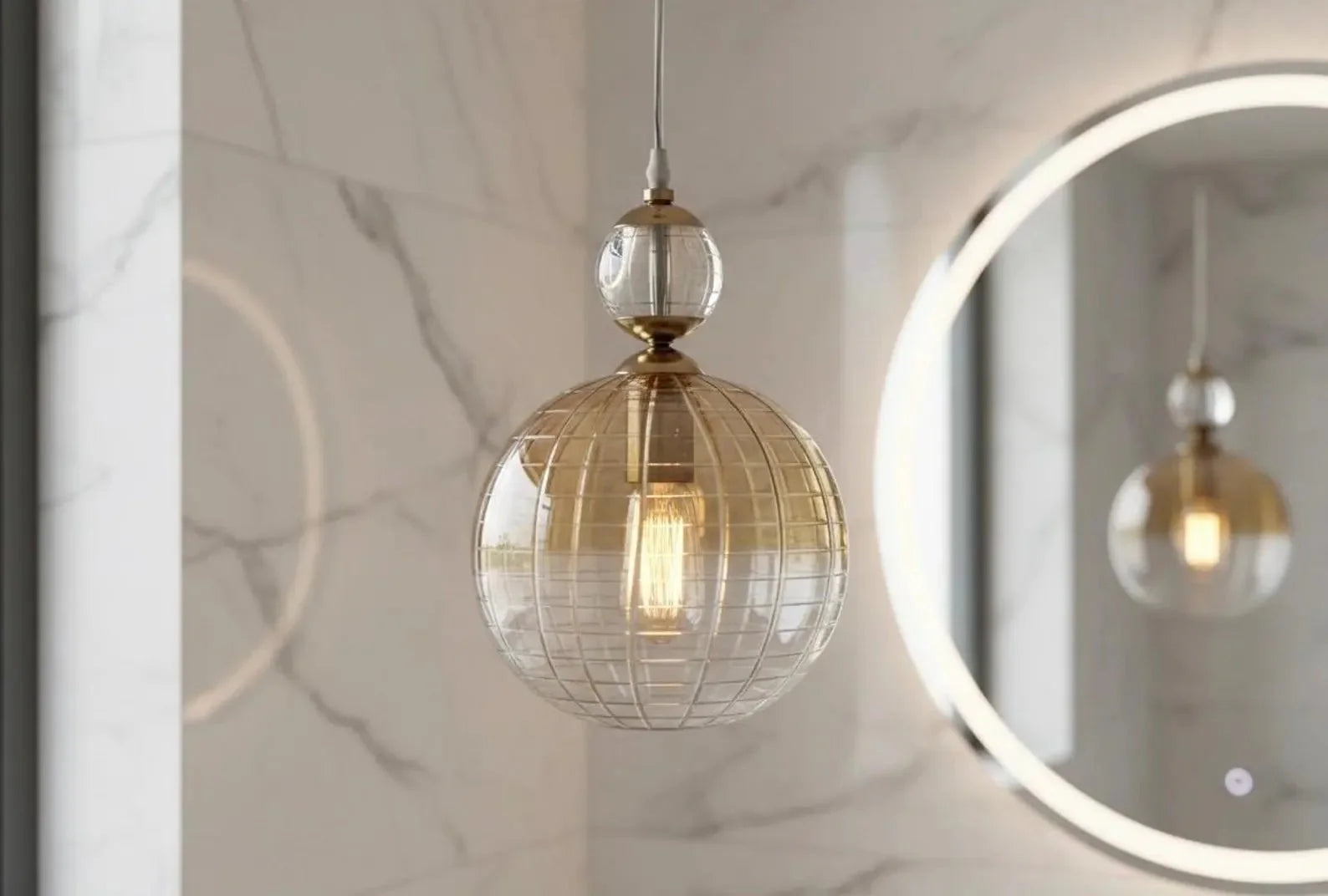 Soft Gold Engraved Glass Pendant Light – Handmade Hanging Lamp | Les Trois Pyramides