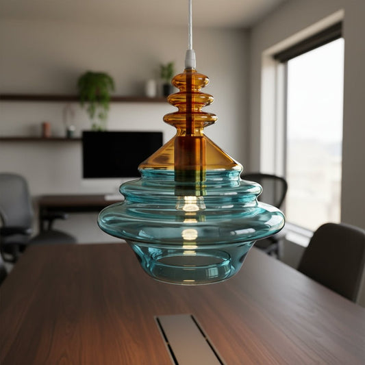 Teal Amber Glass Pendant Light – Artisan Blown Glass Hanging Fixture | Les Trois Pyramides.