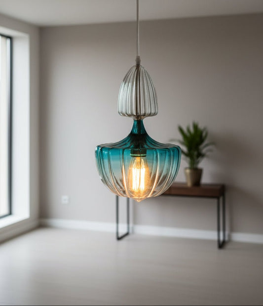 Turquoise Blown Glass Pendant Light | Modern Hanging Lamp | Les Trois Pyramides.