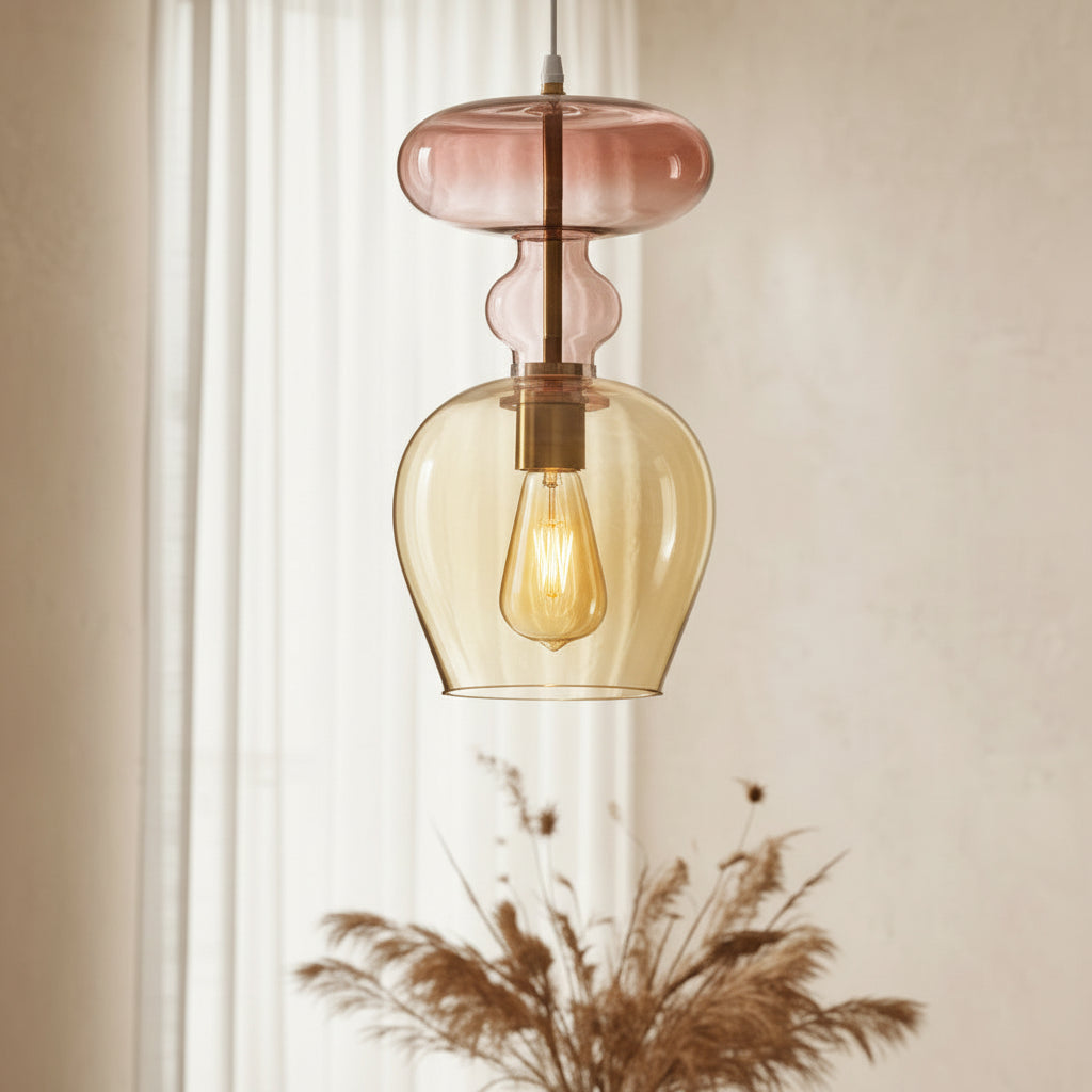  Handcrafted Amber and Rose Glass Pendant Light – Unique Retro-Inspired Ceiling Fixture for Home Lighting | Les Trois Pyramides