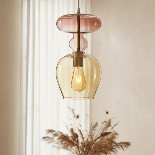  Handcrafted Amber and Rose Glass Pendant Light – Unique Retro-Inspired Ceiling Fixture for Home Lighting | Les Trois Pyramides