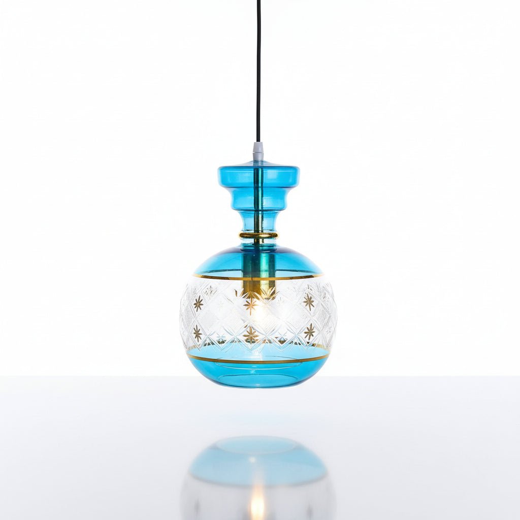 Blue glass pendant light with gold accents  | Les Trois Pyramides