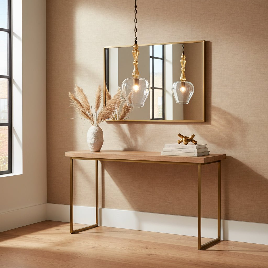 Hand Blown Clear Glass Pendant Light – Gold Stem Hanging Ceiling Lamp  – Les Trois Pyramides
