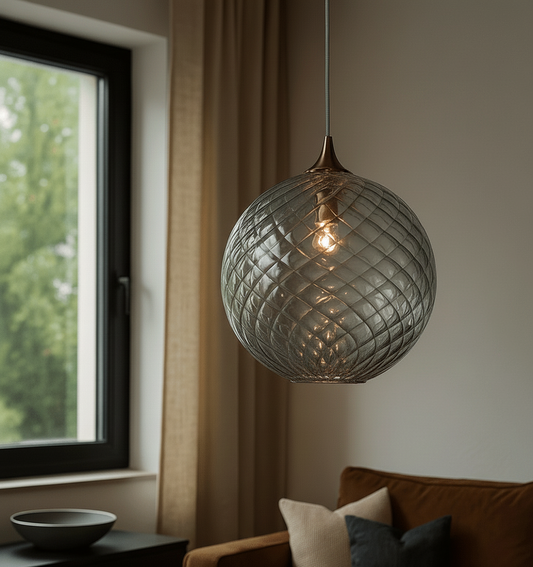 Light Fixture Round with Ripple and Swirl Ribbed Glass - Les Trois Pyramides